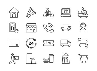 Food delivery line icons set. Editable stroke. Vector illustration.	