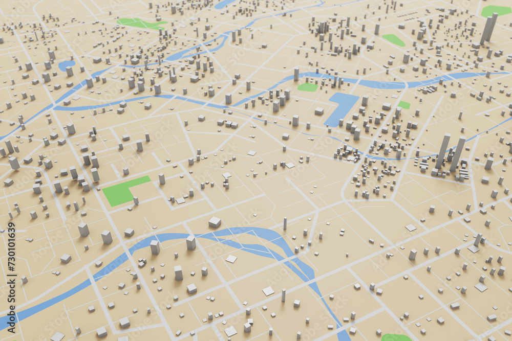 Poster 3d rendering city map illustration of a city map created using 3d modeling. top view of urban map wi