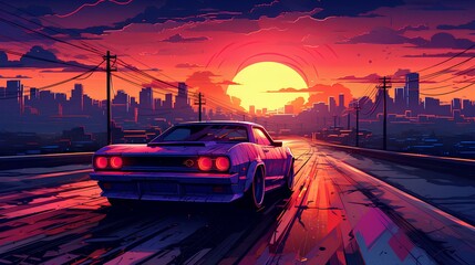 90s purple car and evening city view - obrazy, fototapety, plakaty