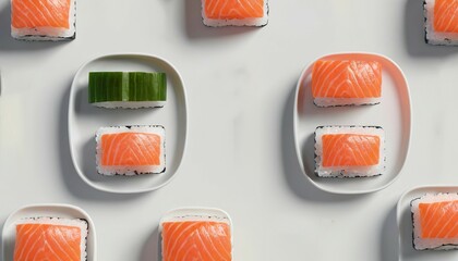 top view of beautiful arrangement of salmon sushi with minimal cutlery