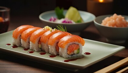 beautiful arrangement of salmon sushi with minimal cutlery