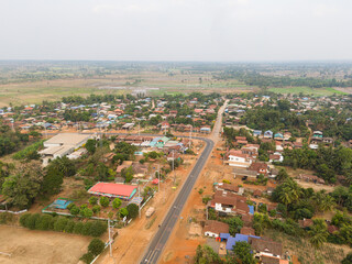 Fototapeta na wymiar Aerial view of the rural countryside village in dry season
