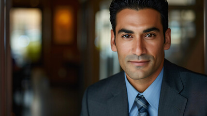 Fototapeta premium Close-up professional portrait of a business executive exuding confidence in corporate attire.