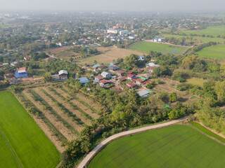 Aerial view of the rural countryside village in dry season