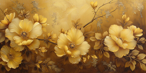 the flowers are painted on a background of brown tones, gold detailing, yellow and gold.