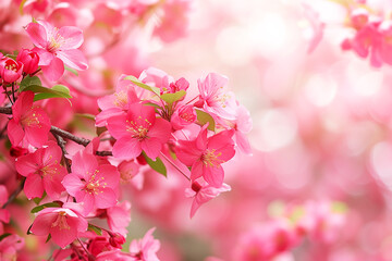 Vibrant pink blossoms spring background, cherry tree branches, bokeh, empty space, soft colors