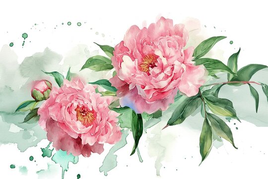 Stock flower illustration, Pink peony on a white background. Watercolor style