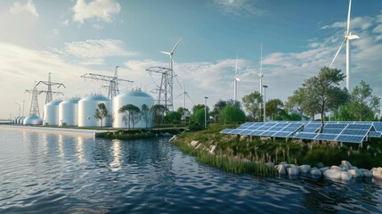 A mixed renewable energy plant with towering wind turbines and solar panels set in a natural landscape under a sunny sky.