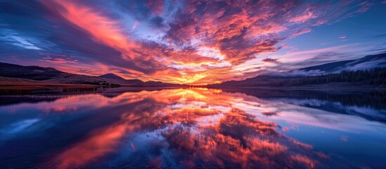Stunning red and blue sky reflections on a peaceful lake at sunset. - obrazy, fototapety, plakaty