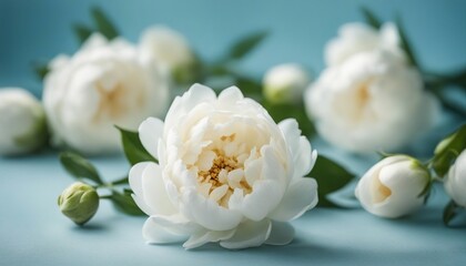 Obraz na płótnie Canvas Pastel flowers background. White peony rose buds on light blue background