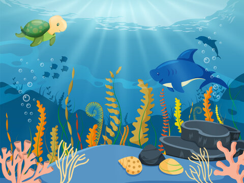 Ocean Underwater Background with Shark and Turtle