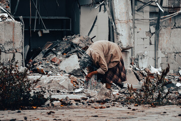 destroyed and burned houses in the city during the war in Ukraine