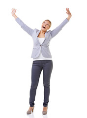 Wow, winner and success with business woman in studio isolated on white background for celebration. Energy, motivation and goals with happy young person cheering for target, achievement or victory