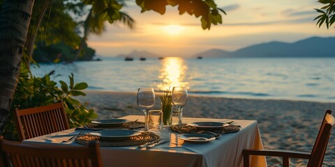 Tables set for dinner on the beach at Seychelles