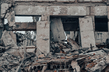 destroyed and burned houses in the city during the war in Ukraine