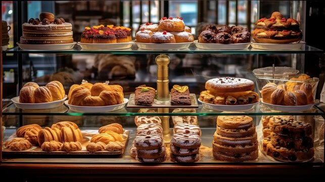 A showcase of freshly baked products such as croissants and donuts, cupcakes and pies.
Concept: culinary magazines for cafes and bakeries, blogs about food, baking and confectionery, selling desserts.