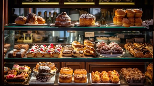 A showcase of freshly baked products such as croissants and donuts, cupcakes and pies.
Concept: culinary magazines for cafes and bakeries, blogs about food, baking and confectionery, selling desserts.