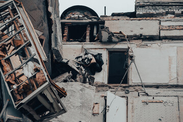 destroyed and burned houses in the city during the war in Ukraine