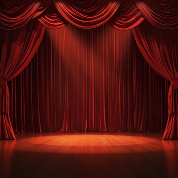 Against a darkened backdrop, a theater stage comes to life with realistic red dramatic curtains elegantly framing the scene.  