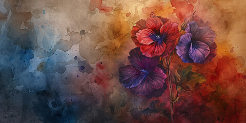 paints watercolor vintage painting floral illustration, dark colors, florpunk.