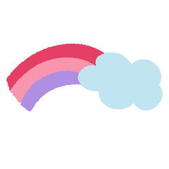 Hand drawn rainbow with cloud in kid colouring style for summer, picnic element, stickers, logo, icon, clip arts, tattoo, decorations, shirt print, card, social media