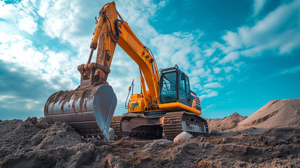 An excavator moves dirt on a construction site, earthmoving equipment, Site Preparation, Heavy Machinery