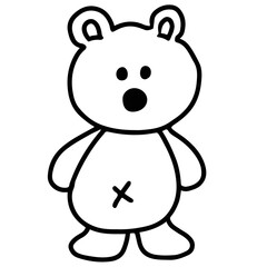 Hand drawn teddy bear outline for colouring book, animal stickers, black and white, pet, vet, logo, icon, clip arts, tattoo, decorations, shirt print, card, social media, cartoon character, comic, toy