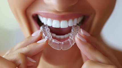 Young Caucasian woman inserting a dental aligner. Close-up view. Each aligner brings her closer to a picture-perfect smile. - obrazy, fototapety, plakaty