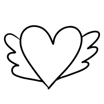 Hand drawn outline of heart with wings for black and white sticker, tattoo, fabric print, decorations, clip art, love logo, icon, Valentine's Day, social media post, card, sign, symbol, February icon