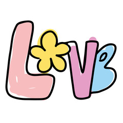 Hand drawn LOVE in kid colouring style for Valentine's Day, love stickers, logo, icon, clip arts, tattoo, decorations, shirt print, card, social media, font, typography