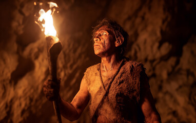 A prehistoric man lights a cave with a fire torch