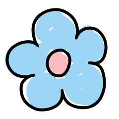 Hand drawn blue flower in kid colouring style for floral stickers, logo, icon, clip arts, tattoo, decorations, shirt print, card, social media, plant, garden, spring, summer, ads, banner