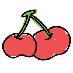 Hand drawn cherry in kid drawing and kid colouring style for stickers, logo, icon, clip arts, tattoo, decorations, print, card, social media, summer fruit, picnic, supermarket, grocery, healthy diet