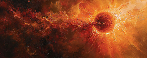 solar eruptions and flashes of fiery red colors. drawing with acrylic paints on a canvas background.