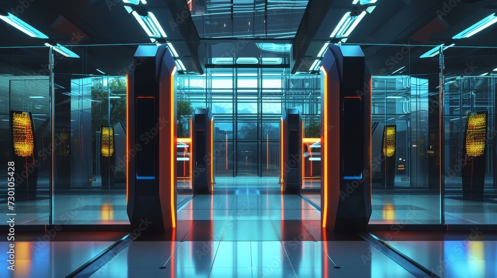Poster biometric security check: futuristic access control at a secure facility at dawn keywords