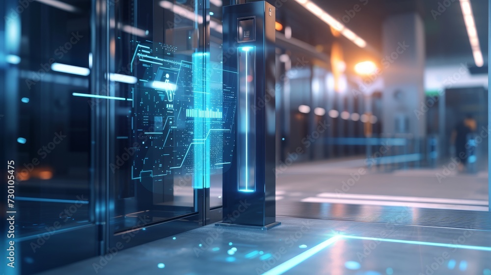 Poster biometric security check: futuristic access control at a secure facility at dawn keywords