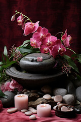 Obraz na płótnie Canvas stones and flowers on a beautiful spa table