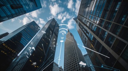 Fototapeta na wymiar City of Connectivity: Wireless Signs Among Skyscrapers