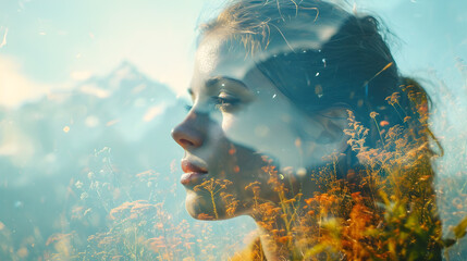 Nature's Harmony: Double Exposure Portrait of a Young Woman. Generative AI