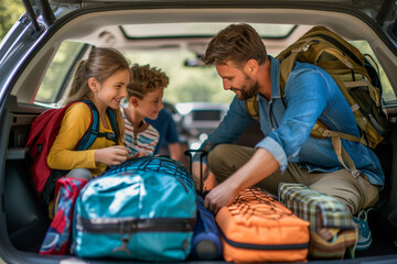 Parents and kids packing a car trunk with suitcases and sports equipment, ready for a summer road trip filled with outdoor activities - obrazy, fototapety, plakaty