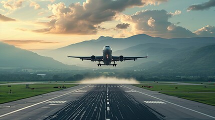 An airplane take off from airport in the evening. - obrazy, fototapety, plakaty