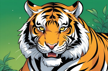 A tiger in close-up against a background of green leaves grins, shows its fangs.