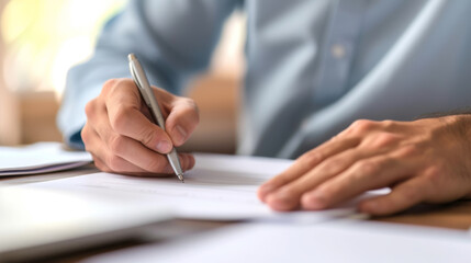 A close-up shows a person's hands signing a document on a desk, one hand holding a pen with precision and the other providing stability