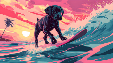A playful Rottweiler puppy rides the waves, creating lively splashes in the ocean. active sport, pink and blue colors.  generative AI - obrazy, fototapety, plakaty
