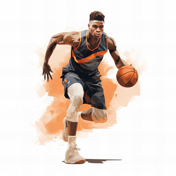 Determined Basketball Player in Action: Dynamic Dribbling Illustration on Abstract Background