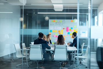an indoor setting in a modern office. Several individuals are seated around a white rectangular table, engaged in a discussion or meeting. Their faces are not visible due to privacy concerns