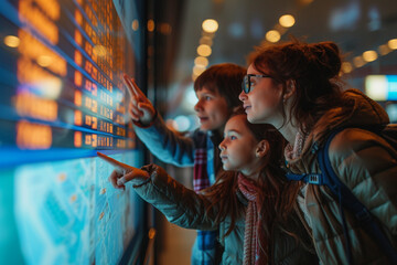 Parents and children looking at the airport's flight information display, pointing out their flight to a sunny vacation destination - obrazy, fototapety, plakaty