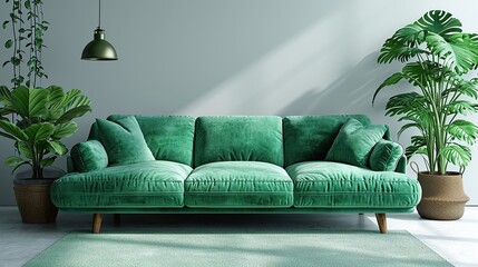 Green sofa and decor in living room, isolated white background