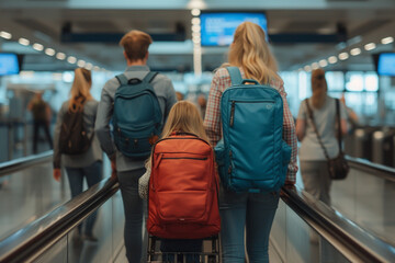 A family going through airport security, placing their bags on the conveyor belt and walking through the metal detector, ready to proceed to their gate - obrazy, fototapety, plakaty