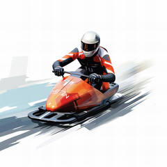 Dynamic Luge Athlete in Sleek Suit Speeding Down Icy Track - Winter Sports Illustration with Abstract Motion Blur Background - obrazy, fototapety, plakaty